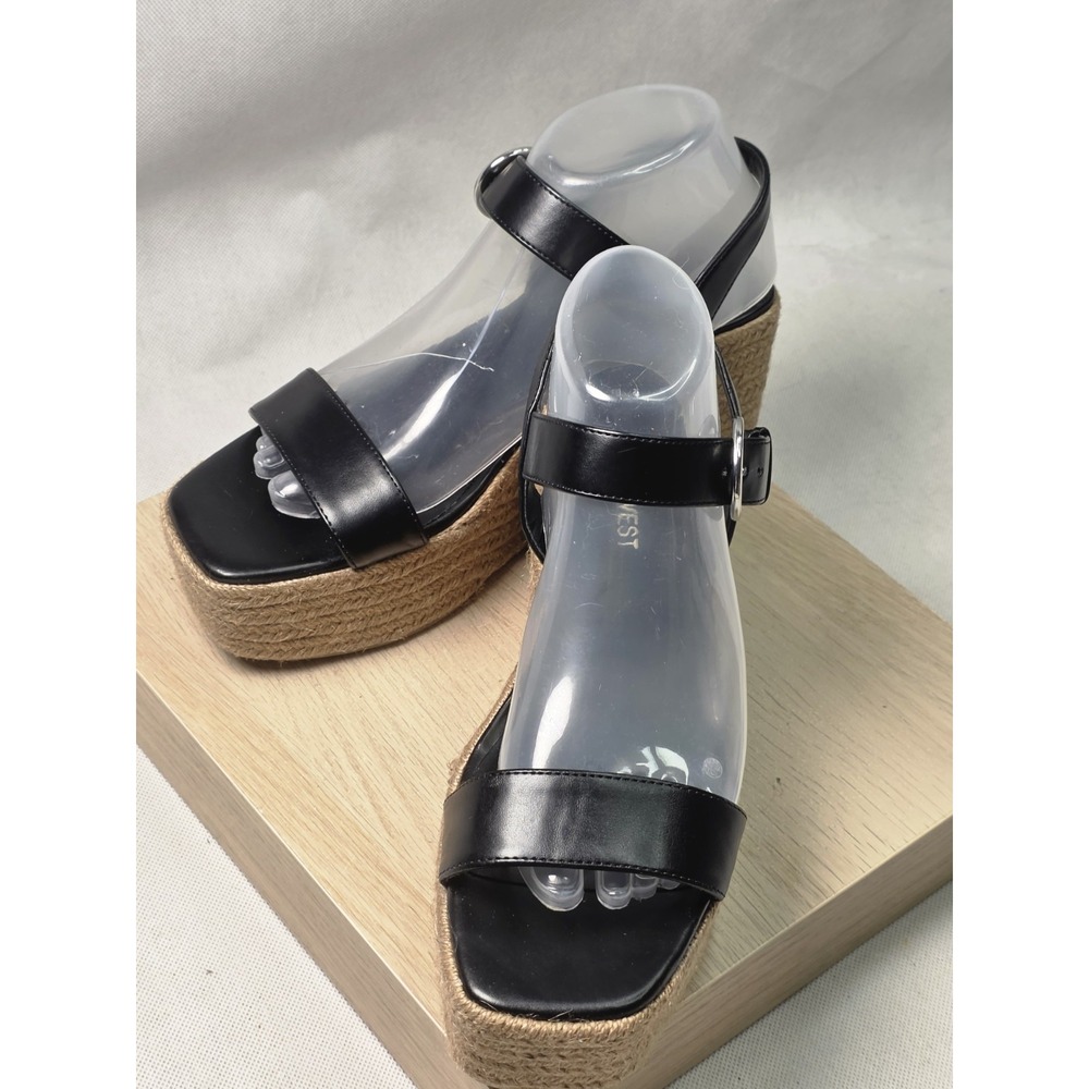 Nine West Women's 8m Black Faux Leather Espadrille Platform Wedge Sandals Buckle